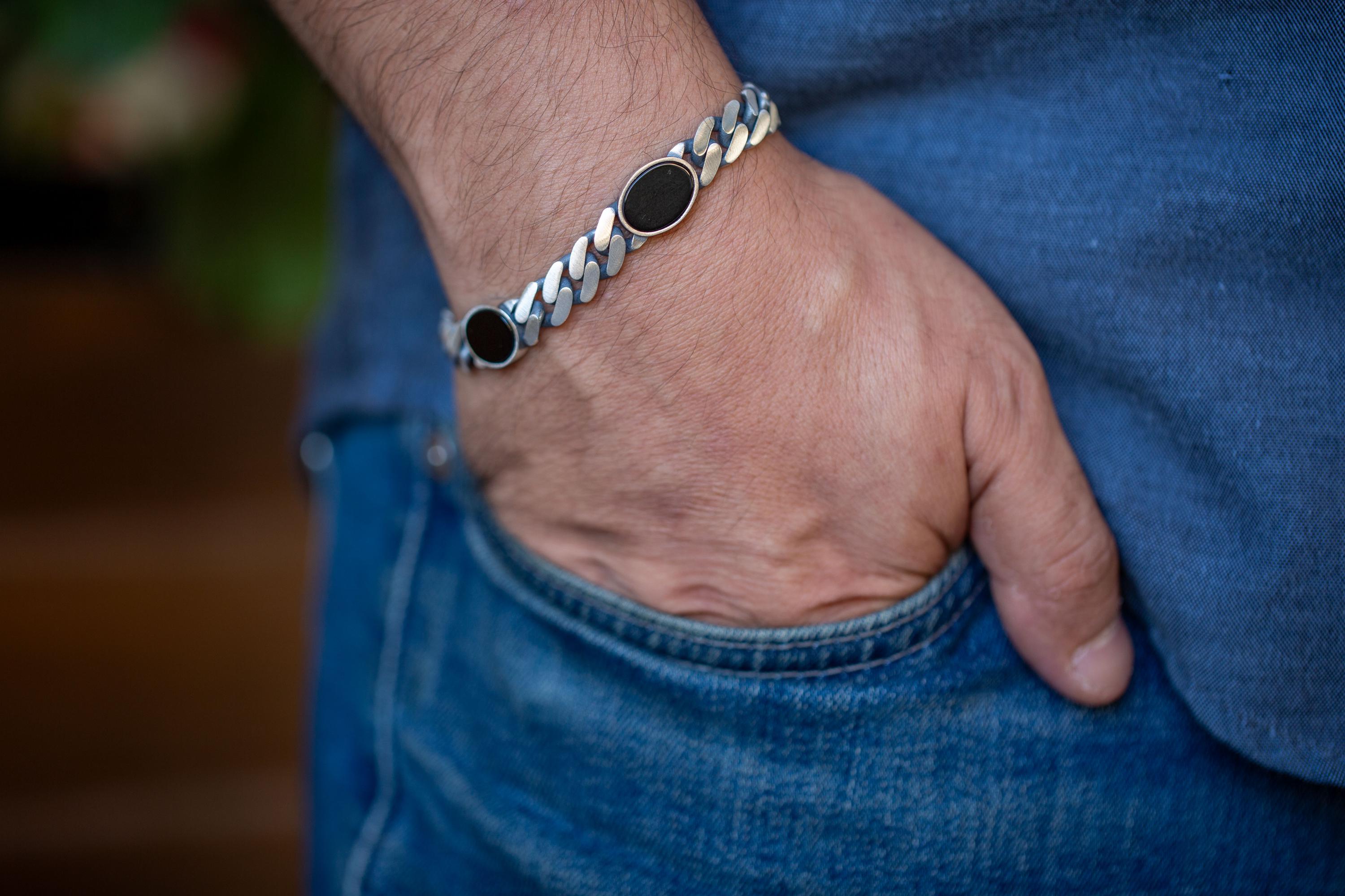 925スターリングシルバーオニキスチェーンブレスレット、キューバン