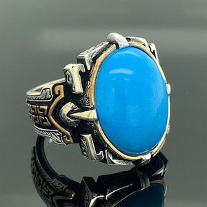 Mens Handmade Ring, Turquoise Men Silver Ring , Oval Gemstone Ring , Turkish Handmade Ring , 925k Sterling Silver Ring , Gift For Him