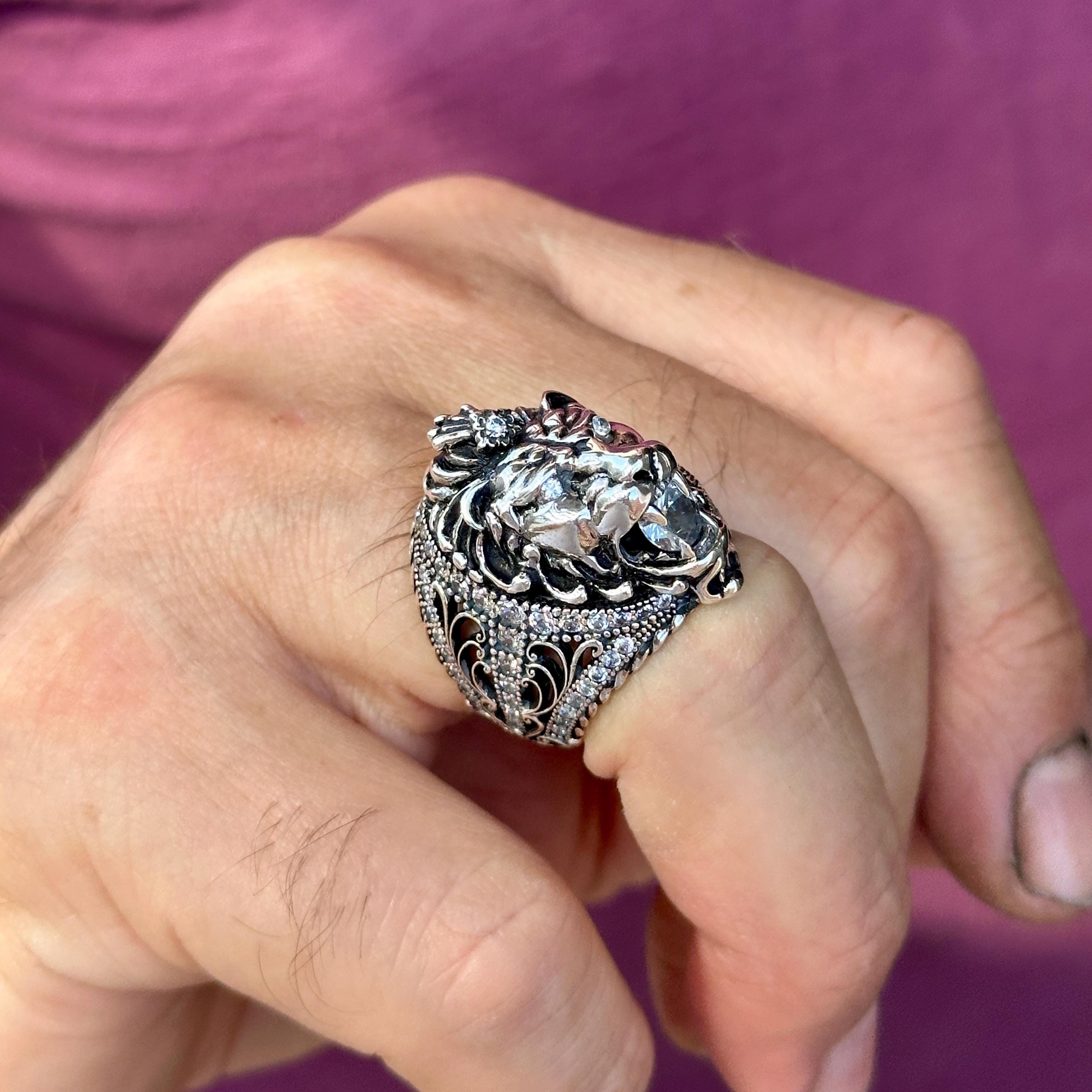 Silver Handmade Lion Ring, Moissanite Stone Lion Ring, White Stone Leon Ring, 3D Leon Head Ring, 925k Sterling Silver Handmade Ring