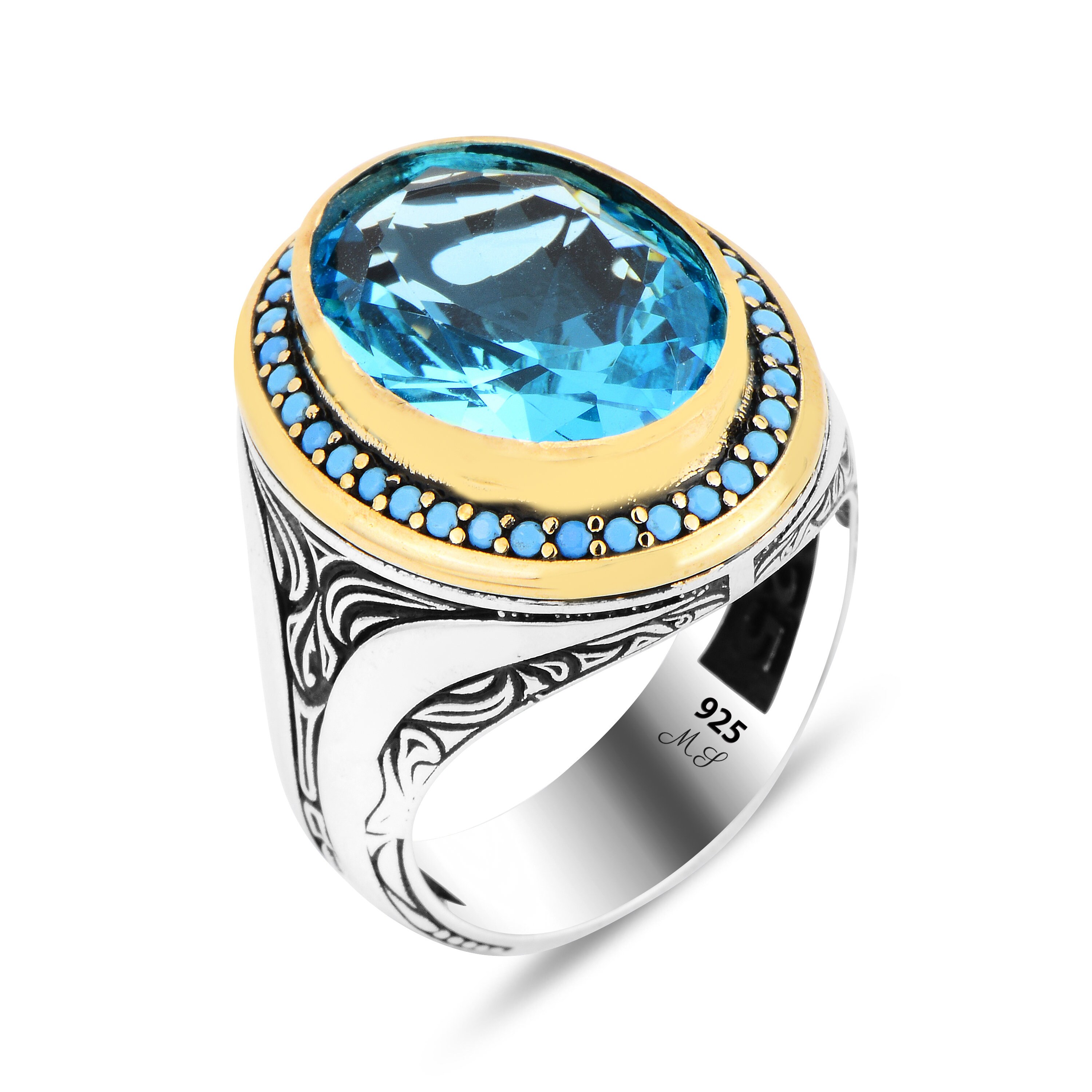 シルバーアクアマリンストーンリング、メンズブルーアクアマリンリング