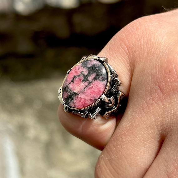 Silver Rhodonite Stone Ring, Men Handmade Rhodonite Stone Ring, Natural Gemstone Ring, Father Day Gift, 925k Sterling Silver Ring