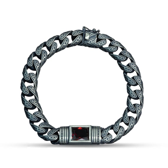 Men Garnet Stone Engraved Chain Bracelet, Red Stone Men Curb