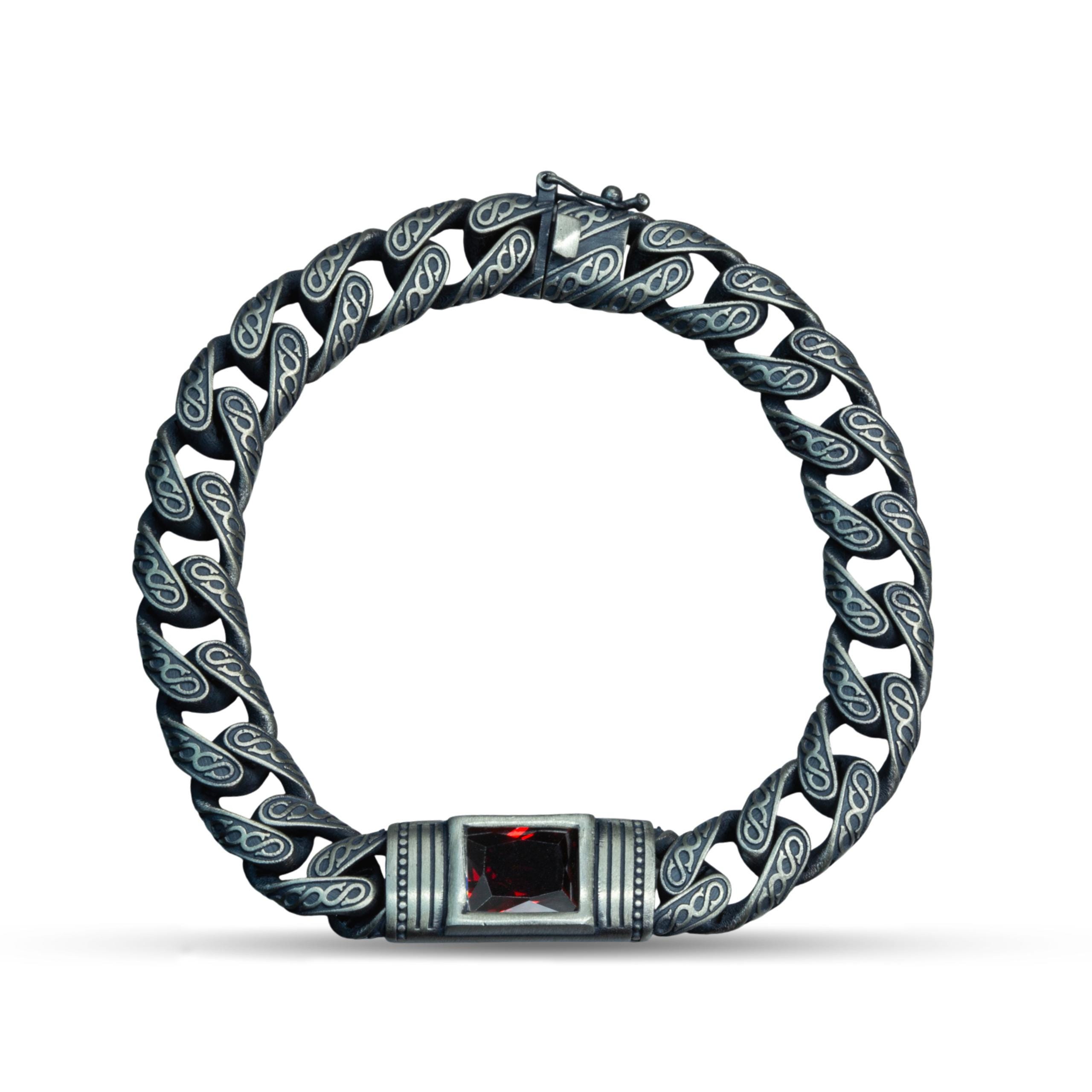 Men Garnet Stone Engraved Chain Bracelet, Red Stone Men Curb