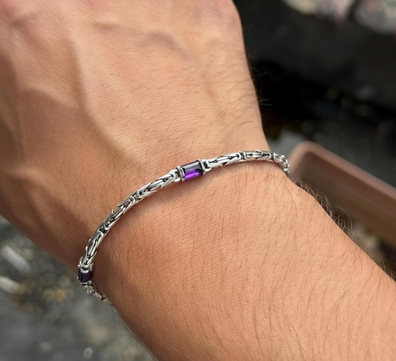 925 Silver Amethyst Stone King Chain Bracelet, Purple Gemstone