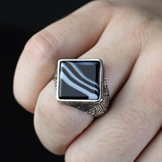 Silver Onyx Signet Ring , Square Men Onyx Wedding Ring for Men