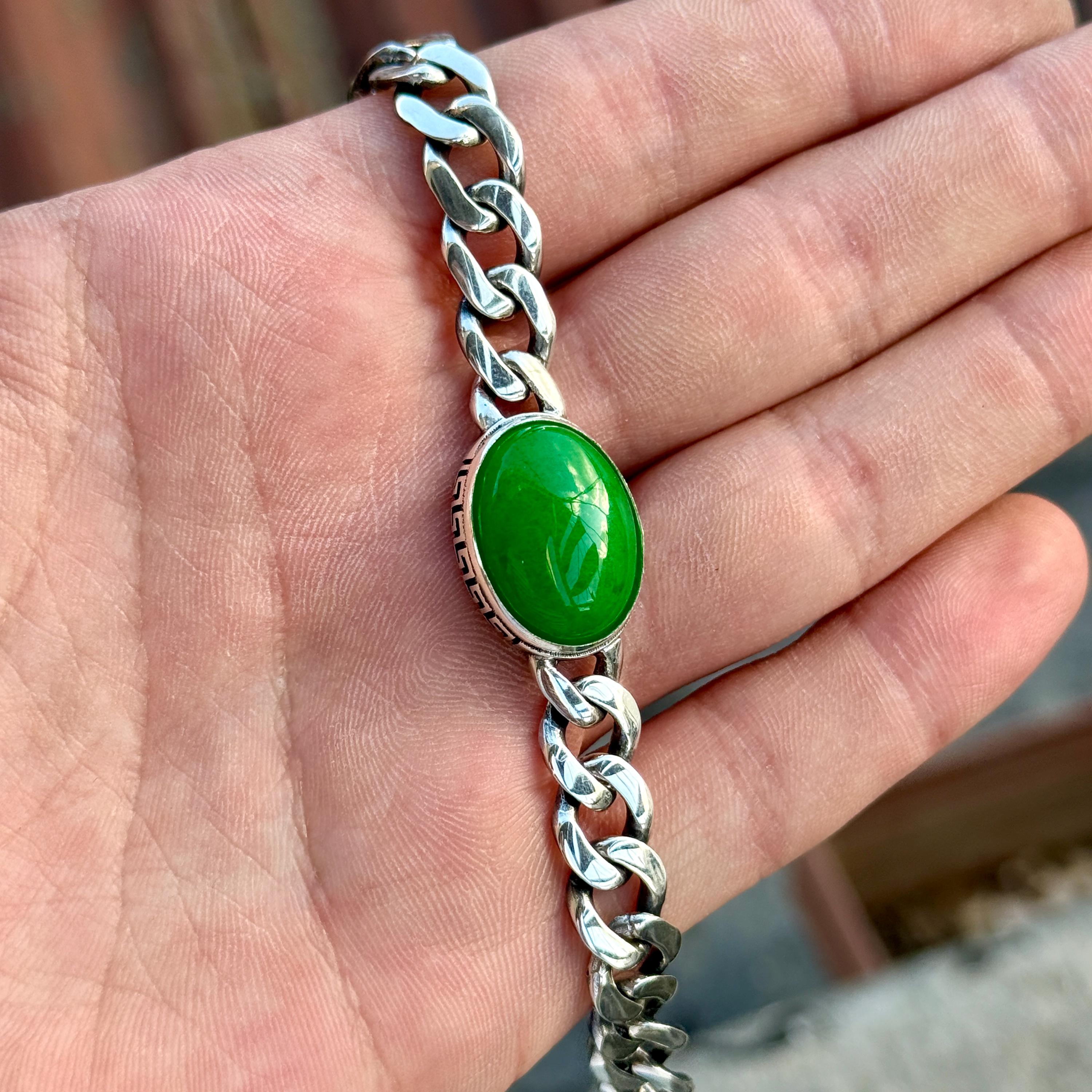 Silver Curb Chain Bracelet, Jade Gemstone Chain Bracelet, 10mm
