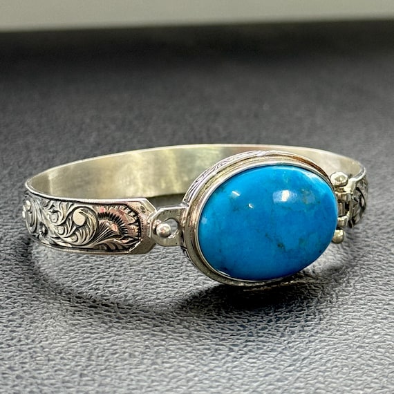 Silver Natural Turquoise Stone Bracelet, Men Turquoise Cuff
