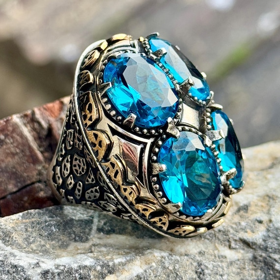 Anello da uomo in argento con pietra preziosa acquamarina, grande