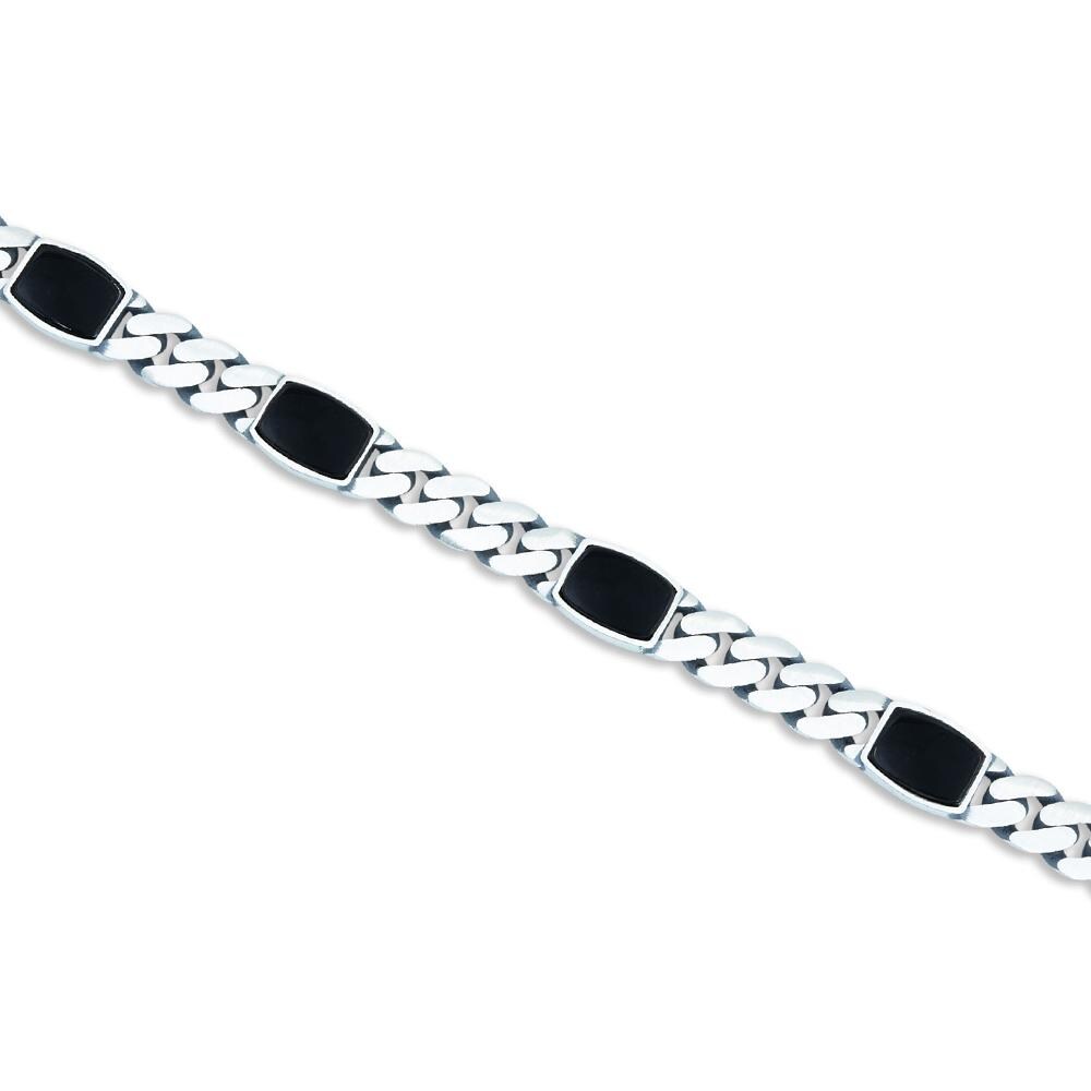 925 Silver Black Onyx Chain Bracelet, Square Onyx Curb Chain