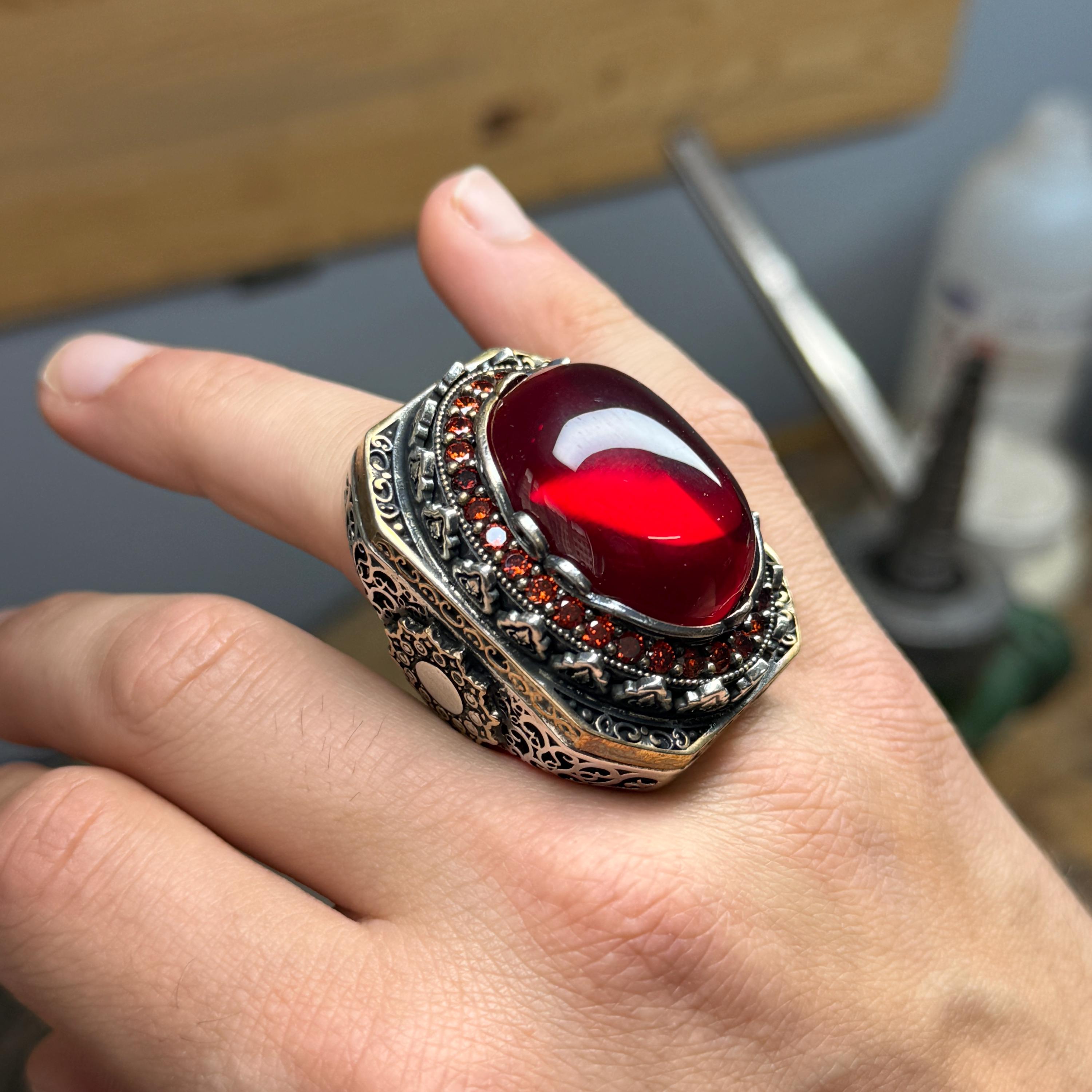 Turkish Large Ruby Stone Ring, Handmade Men Big Red Gemstone Ring 