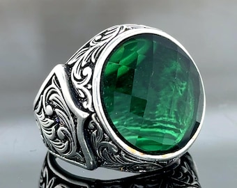 メンズシルバーグリーンストーンリング、メンズシルバーエメラルド