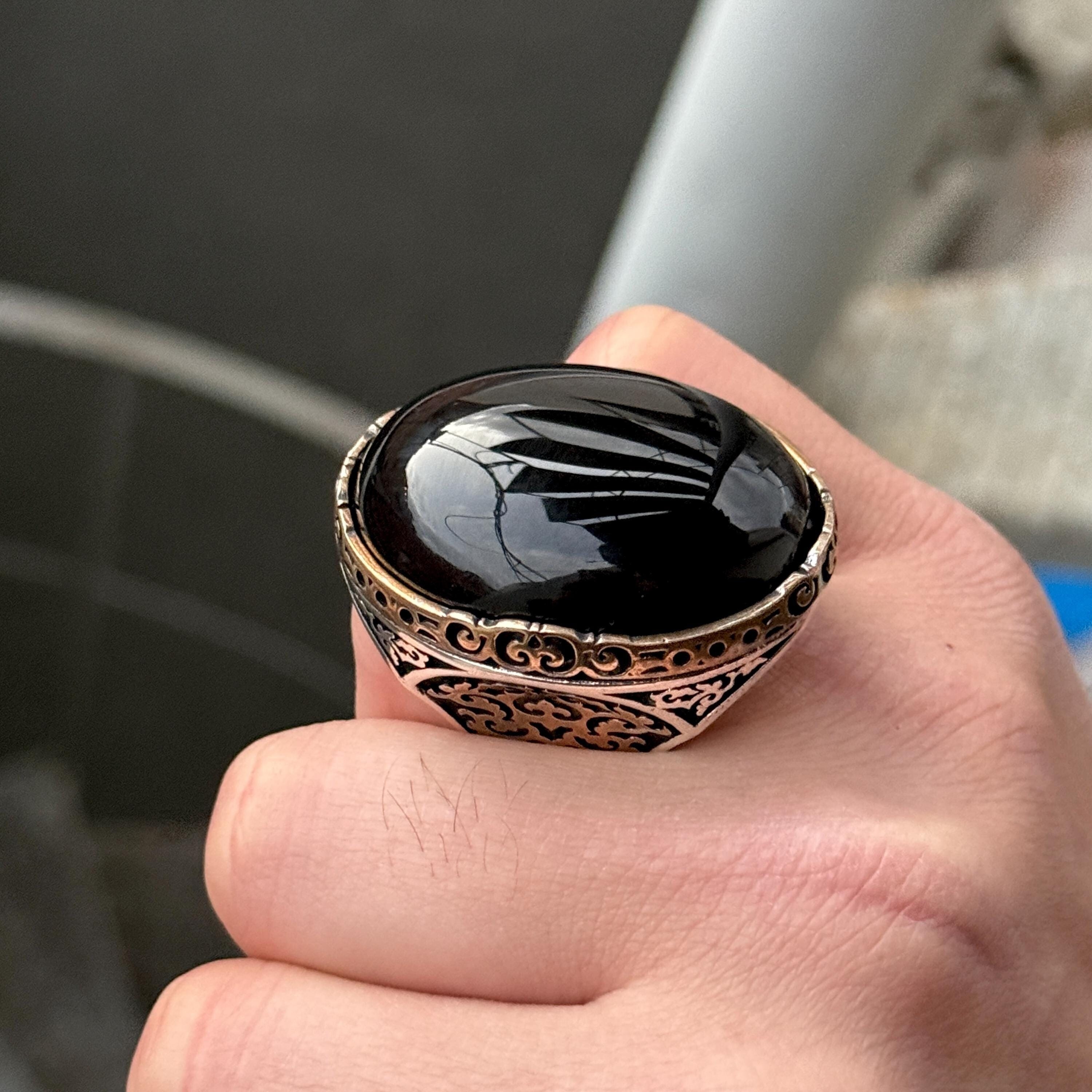 Silver Large Onyx Ring, Natural Large Black Onyx Ring , Men Big