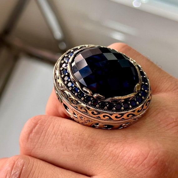 Bague Vintage En Argent Sterling Avec Saphir Et Zircon - Taille 50 - Bleu - Occasion
