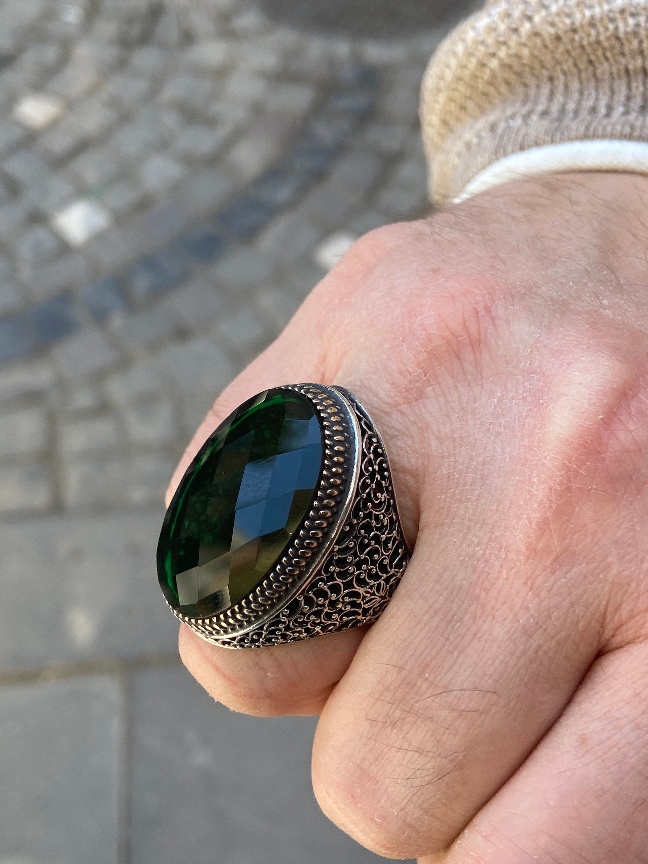 Mens Handmade Ottoman Ring Large Emerald Stone Ring Green Stone Ring Ottoman Style Men Ring Gift for Him 925k Sterling Silver Ring Etsy UK