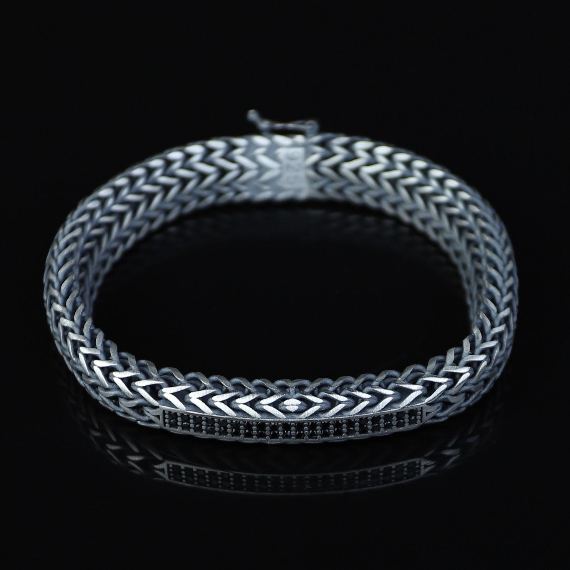 925 Sterling Silver Foxtail Onyx Chain Bracelet, 10MM Chain