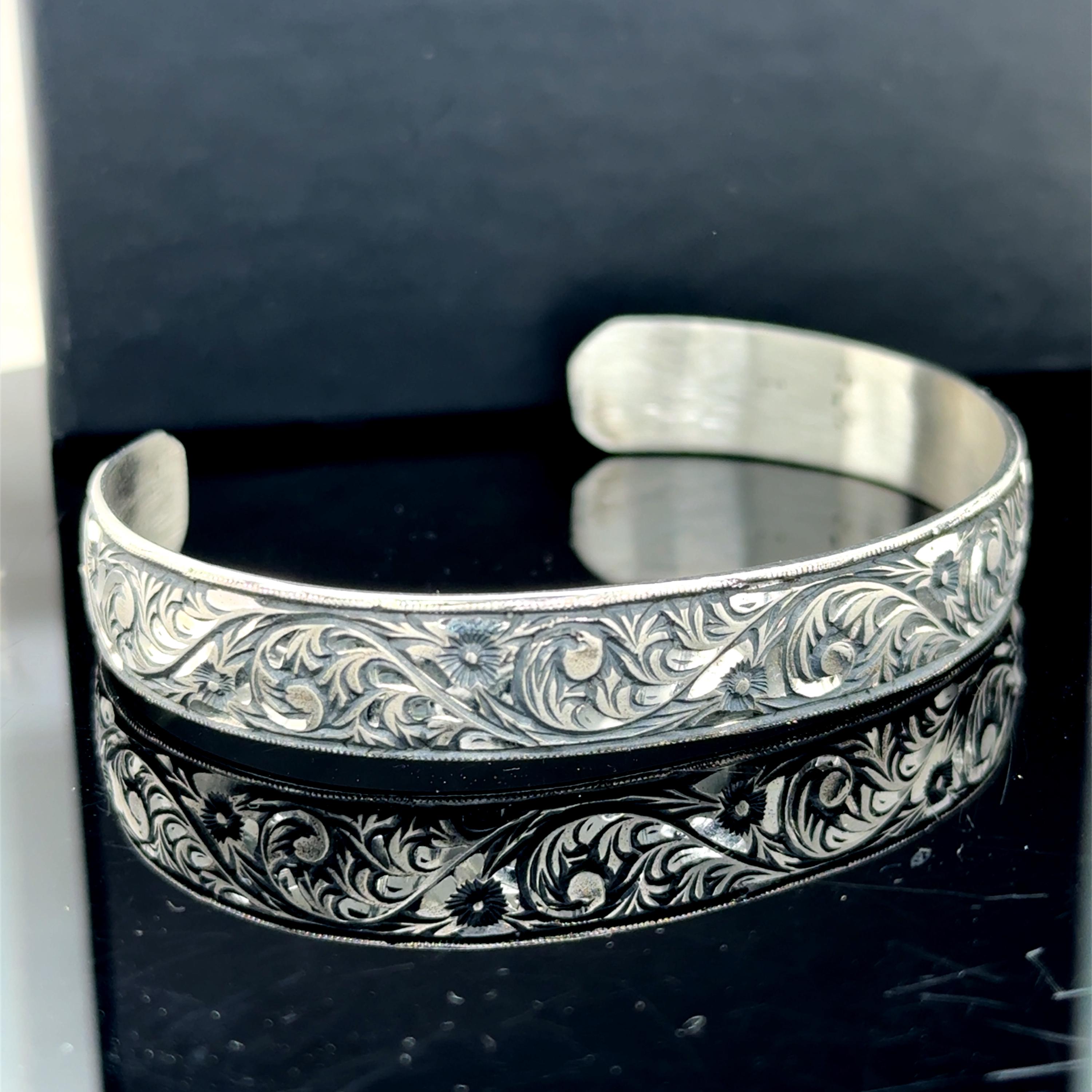 Men Silver Bracelet, Handmade Cuff Bracelet, Flower Leaf Engraved