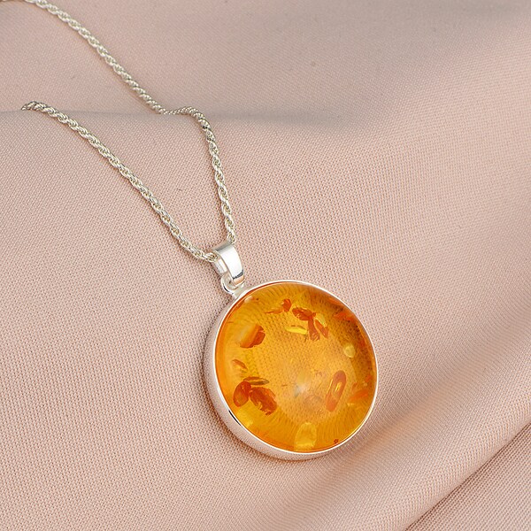 Round Amber Necklace  , Baltic Amber Necklace , Sterling Silver Amber Pendant , Amber Sterling Silver , 925k Silver Necklace