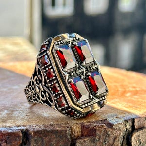 Man Handmade Large Ruby Ring , Silver Men Ottoman Style Square Ring , Big Red Stone Ring , 925k Sterling Silver Ring , Gift For Him