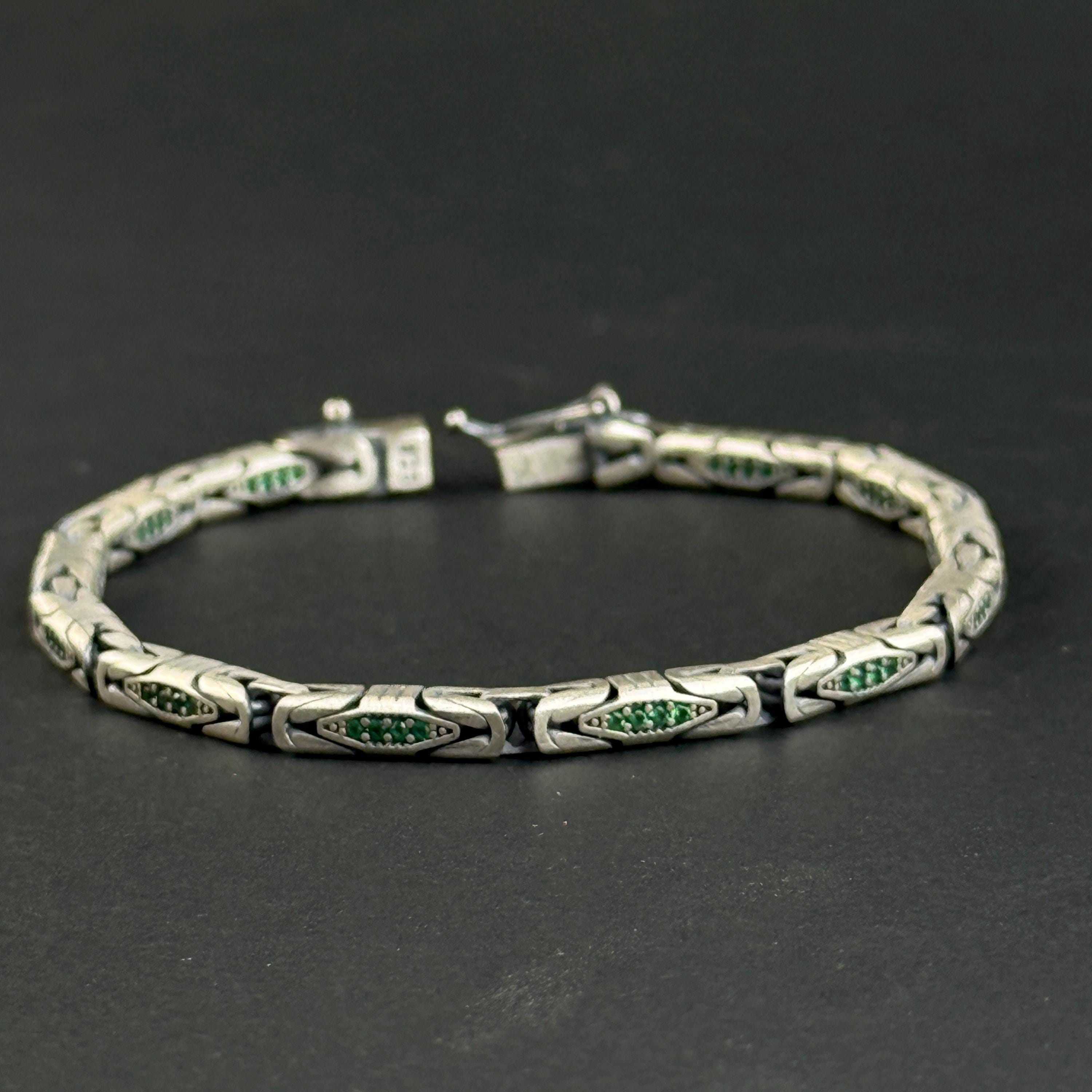 925シルバーエメラルドストーンキングチェーン、5MMスクエアビザンチン