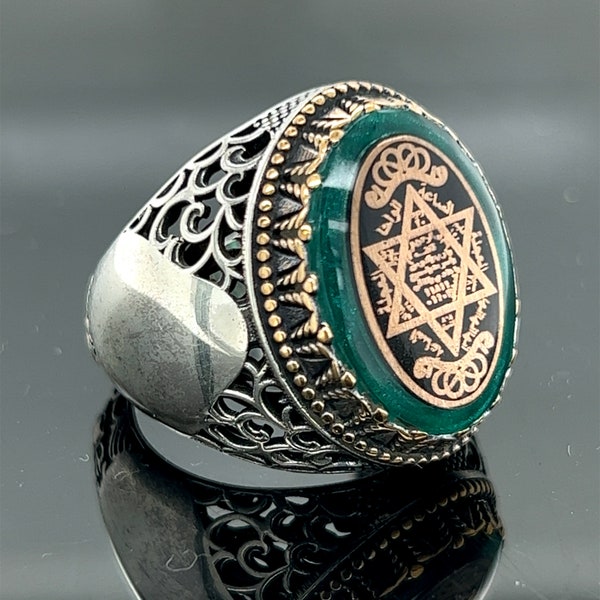 Bague en argent faite main, bague en argent pierre d'ambre sceau de Salomon, chevalière de Salomon, roi Salomon, bague en argent sterling 925 k faite à la main