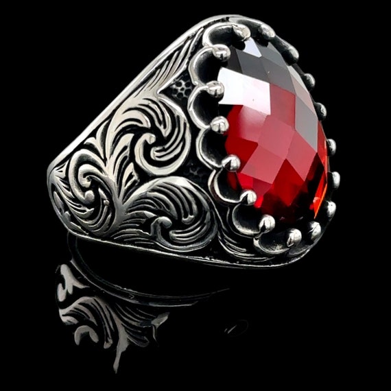 Natural Ruby Stone Ring , Man Handmade Silver Ring , Red Stone Ring, Engraved Silver Ring , Ottoman Style Ring , 925k Sterling Silver Ring