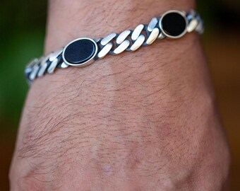 925スターリングシルバーオニキスチェーンブレスレット、キューバン