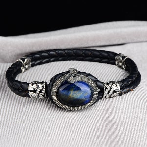 Man Silver Snake Bracelet , Tiger Eye Stone  Bracelet , Black Snake Leather Bracelet , Silver Animal Bracelet ,925k Sterling Silver Bracelet