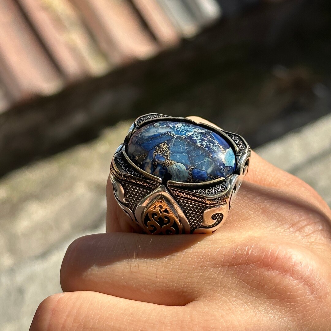 Silver Large Azurite Stone Ring, Men Silver Large Blue Azurite Gemstone ...
