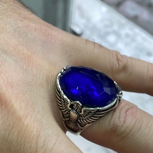 Silver Eagle Ring , Man Sapphire Stone Ring , Handmade American Eagle Mens Ring , Oxidized Eagle Ring , 925k Sterling Silver Ring