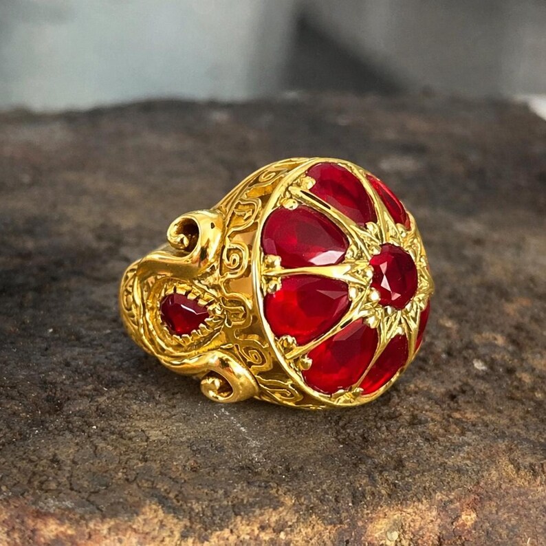 Men Gold Ring Ruby Inlay Men Handmade Gold Ruby Stone Ring, Gold Engraved Unique Men Red ...