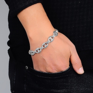 Men&#39;s Chain Bracelet , Handmade Heavy Link Bracelet ,Sterling Silver Men&#39;s Thick Chain Bracelet , Handmade Chain Curb Bracelet ,925k Silver