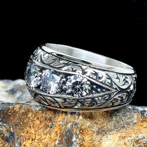 Men Handmade Diamond Band Ring, Men's Ice Out Ring, Silver Moissanite Ring , Silver Wedding Handcrafted Ottoman Ring , Turkish handmade Ring