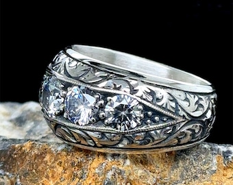 Men Handmade Diamond Band Ring, Men&#39;s Ice Out Ring, Silver Moissanite Ring , Silver Wedding Handcrafted Ottoman Ring , Turkish handmade Ring