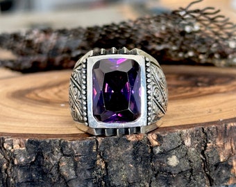 Buy Silver Amethyst Ring Engraved Silver Men Handmade Ring