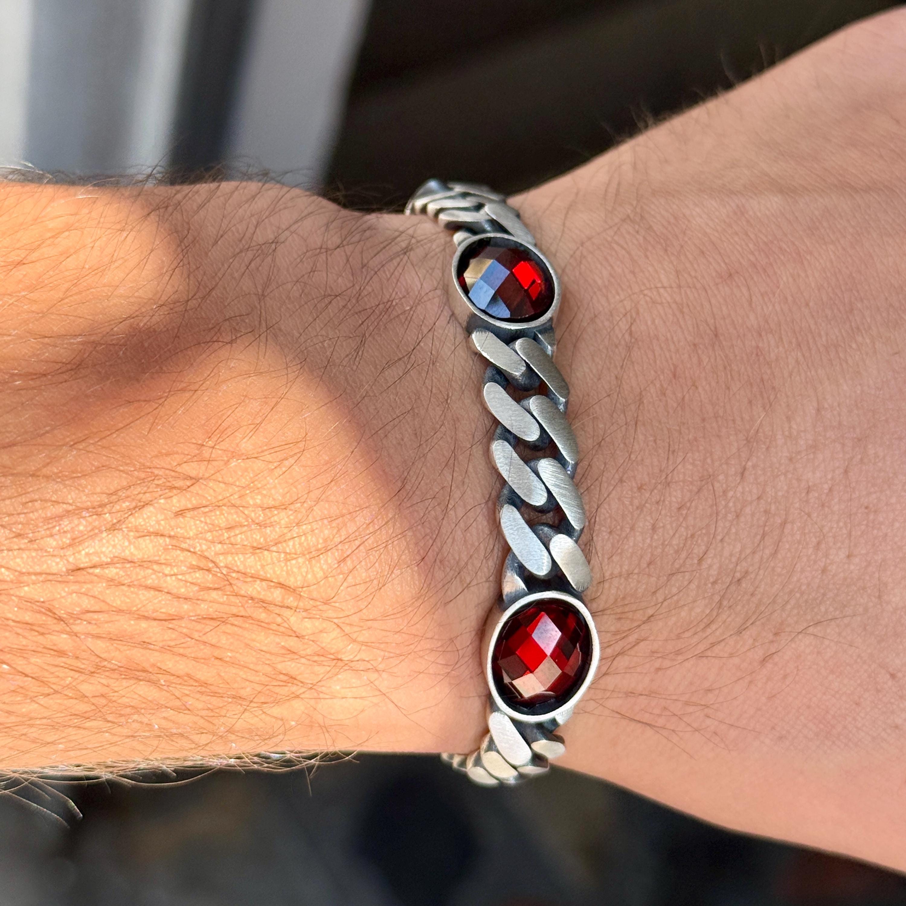 Silver Garnet Stone Cuban Link Bracelet, Heavy Chain Cuban