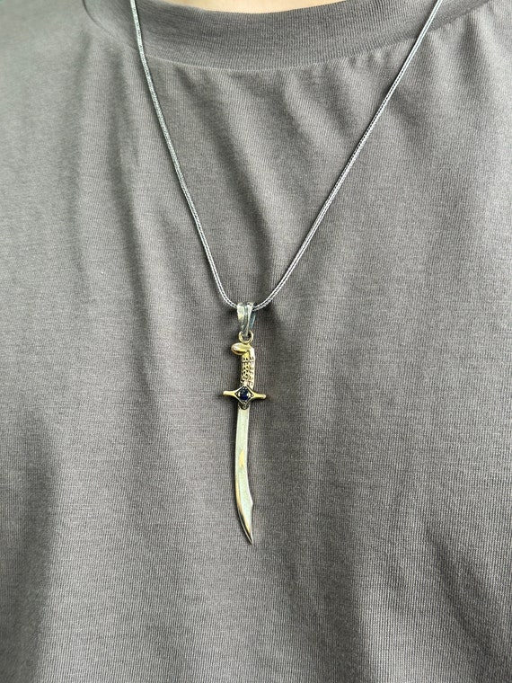 Silver Sword Necklace Pendant , Sapphire Stone Sword Necklace