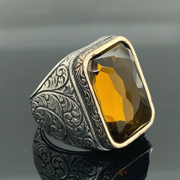 Citrin Stein Ring , Mann Sterling Silber Ring , Türkischer Handgemachter Ring , Roh Edelstein Ring , 925k Sterling Silber Ring , Geschenk für Ihn