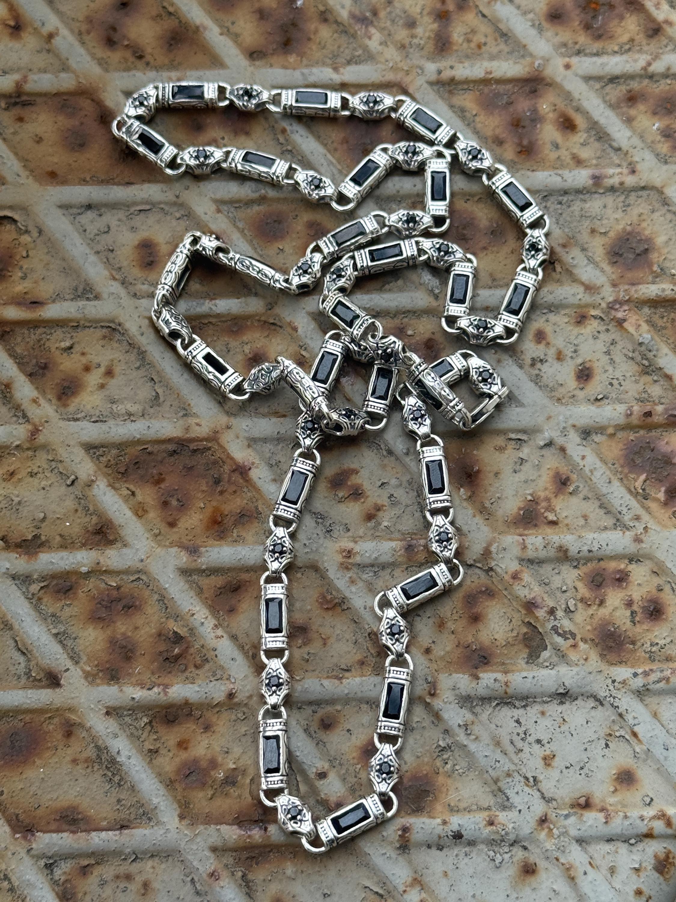 Silver Hand-engraved Onyx Chain, Byzantine Onyx Chain Necklace