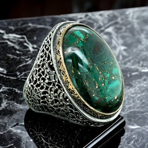 Silver Handmade Malachite Gemstone Ring  , Men Handmade Ring , Silver Large Ring , Handmade 925k Sterling Silver Ring , Gift For Him