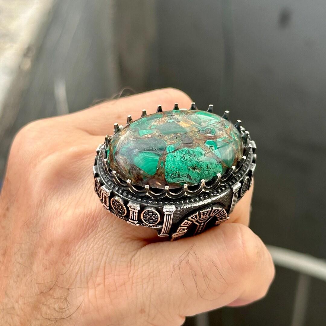 Silver Handmade Green Turquoise Ring, Large Multi Color Turquoise Ring ...