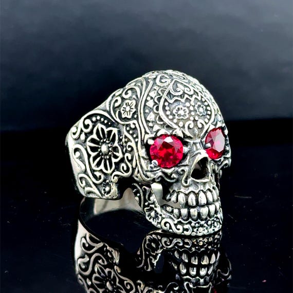 925 Silver Skull Ring, Flower Skull Ring, Ruby Eyes Skull Head
