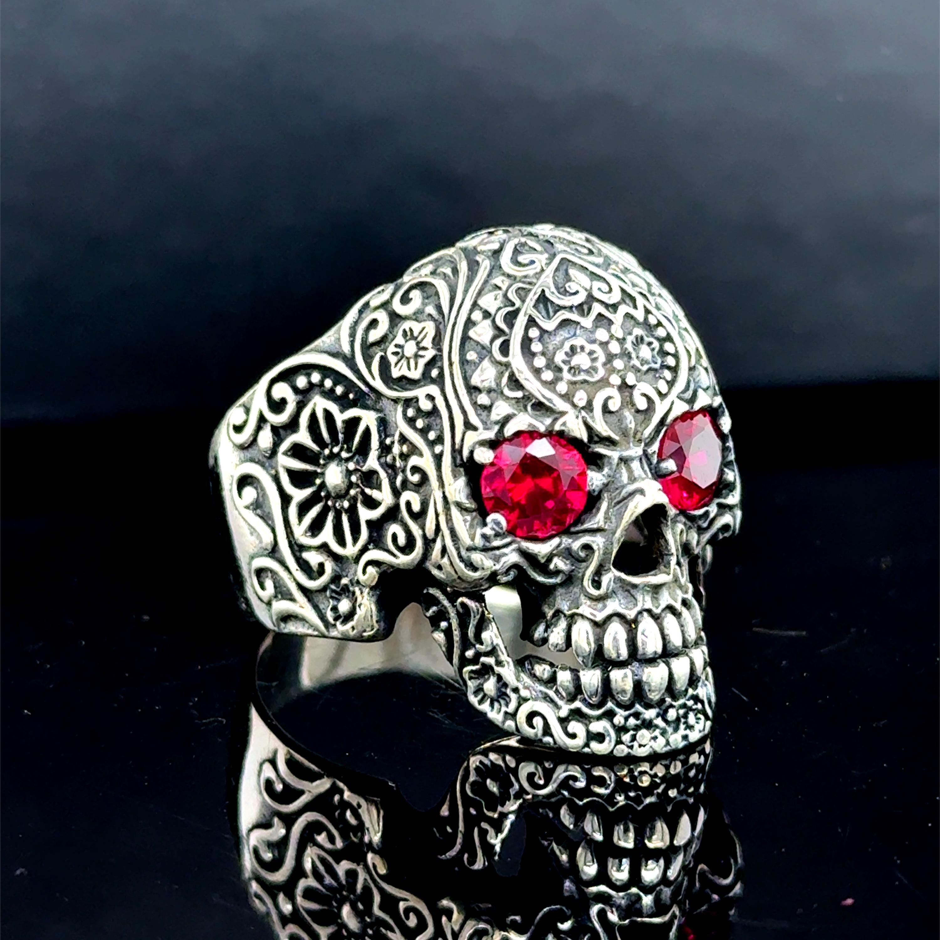 925 Silver Skull Ring, Flower Skull Ring, Ruby Eyes Skull Head