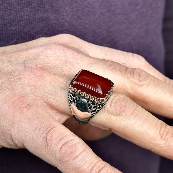 Man Red Agate Ring, Men Handmade Silver Ring, Dark Aqeeq Gemstone Ring, Ottoman Style Ring, 925k Sterling Silver, Father Gift, Gift For Him