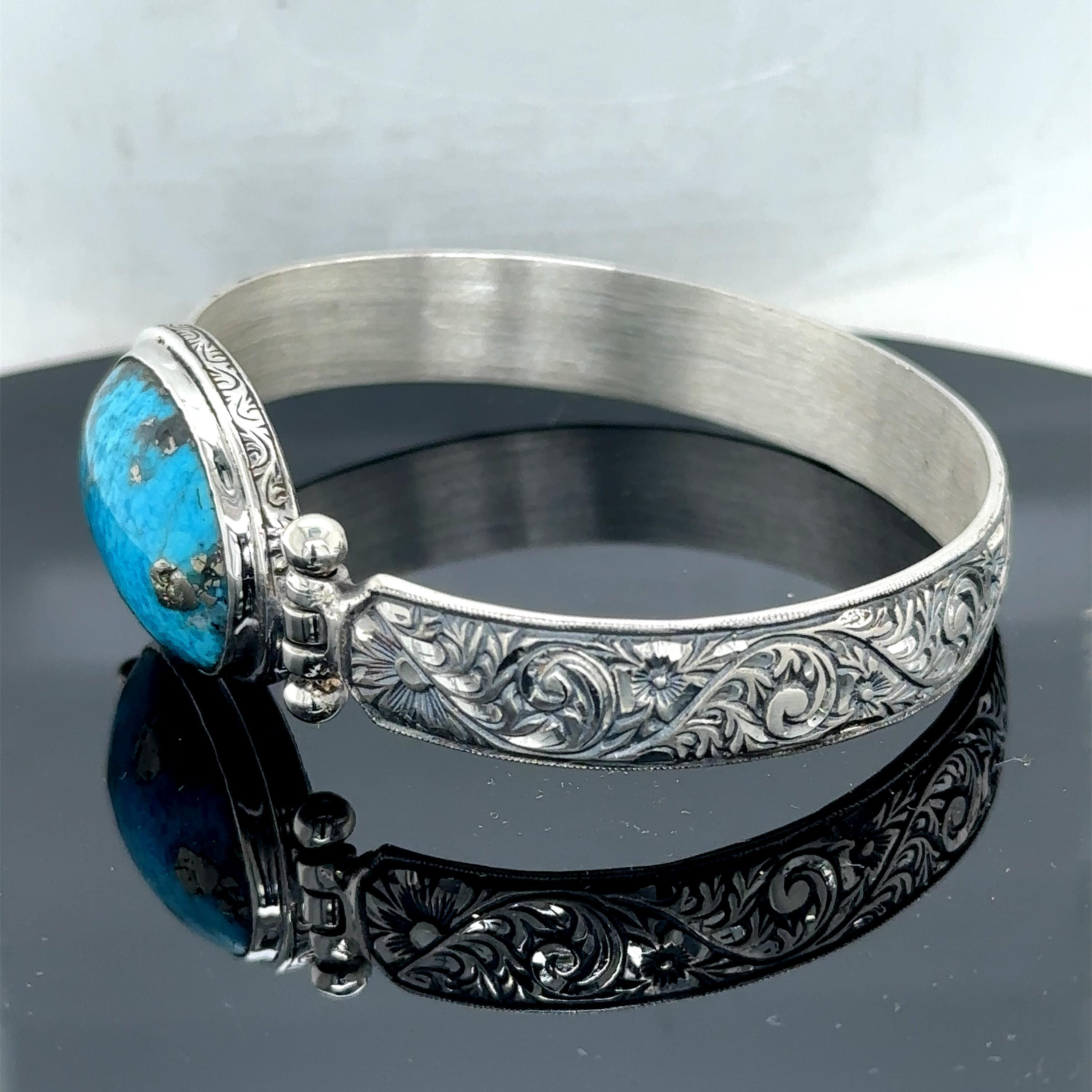 Silver Natural Turquoise Stone Bracelet, Men Turquoise Stone