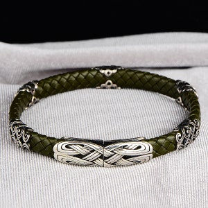 zilveren lederen armband, man zilveren armband, vintage armband, lederen kaki armband, 925k sterling zilveren armband, cadeau voor hem