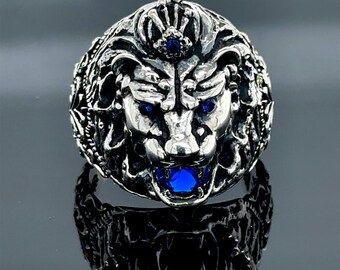 Silver Sapphire Stone Leon Head Ring, Men Lion Head Ring