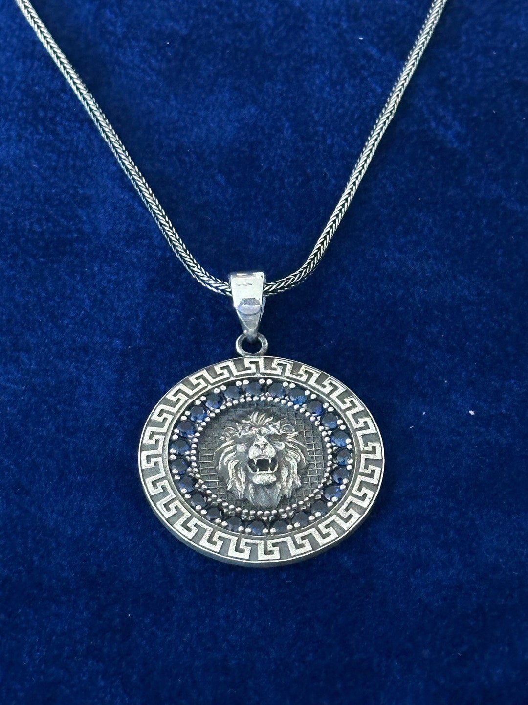Silver Lion Head Necklace , Greek Style Sapphire Stone Leon Pendant