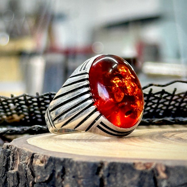 Men Handmade Ring, Baltic Cognac Amber Ring, Amber Statement Ring, Handmade Men Ring, Father Day Gift, Gift For Men, 925k Sterling Silver