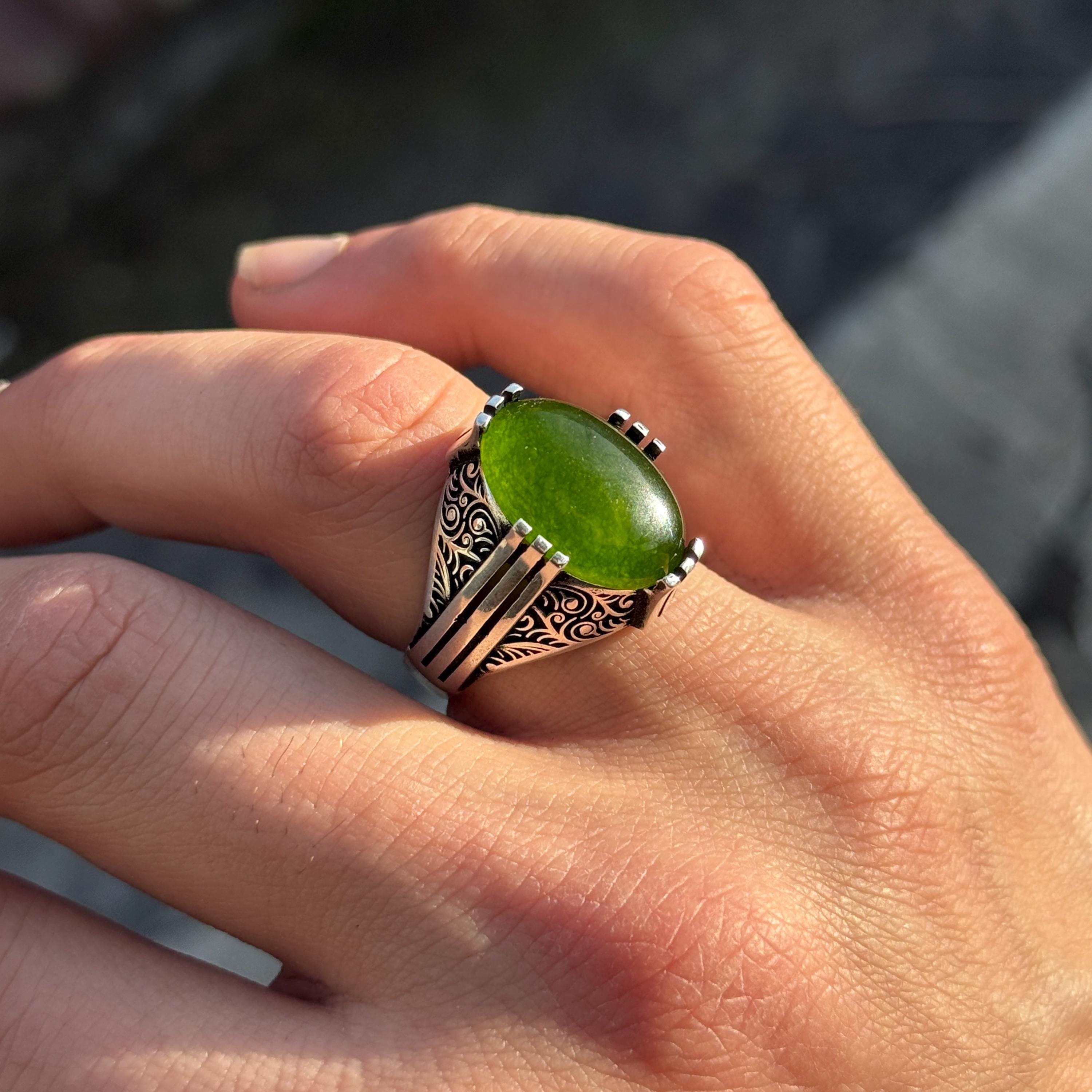 メンズシルバー翡翠ストーンリング、天然翡翠ミニマルリング、翡翠