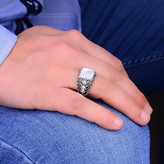 Mother of Pearl Men Ring, Men Square Mother of Pearl Signet Ring